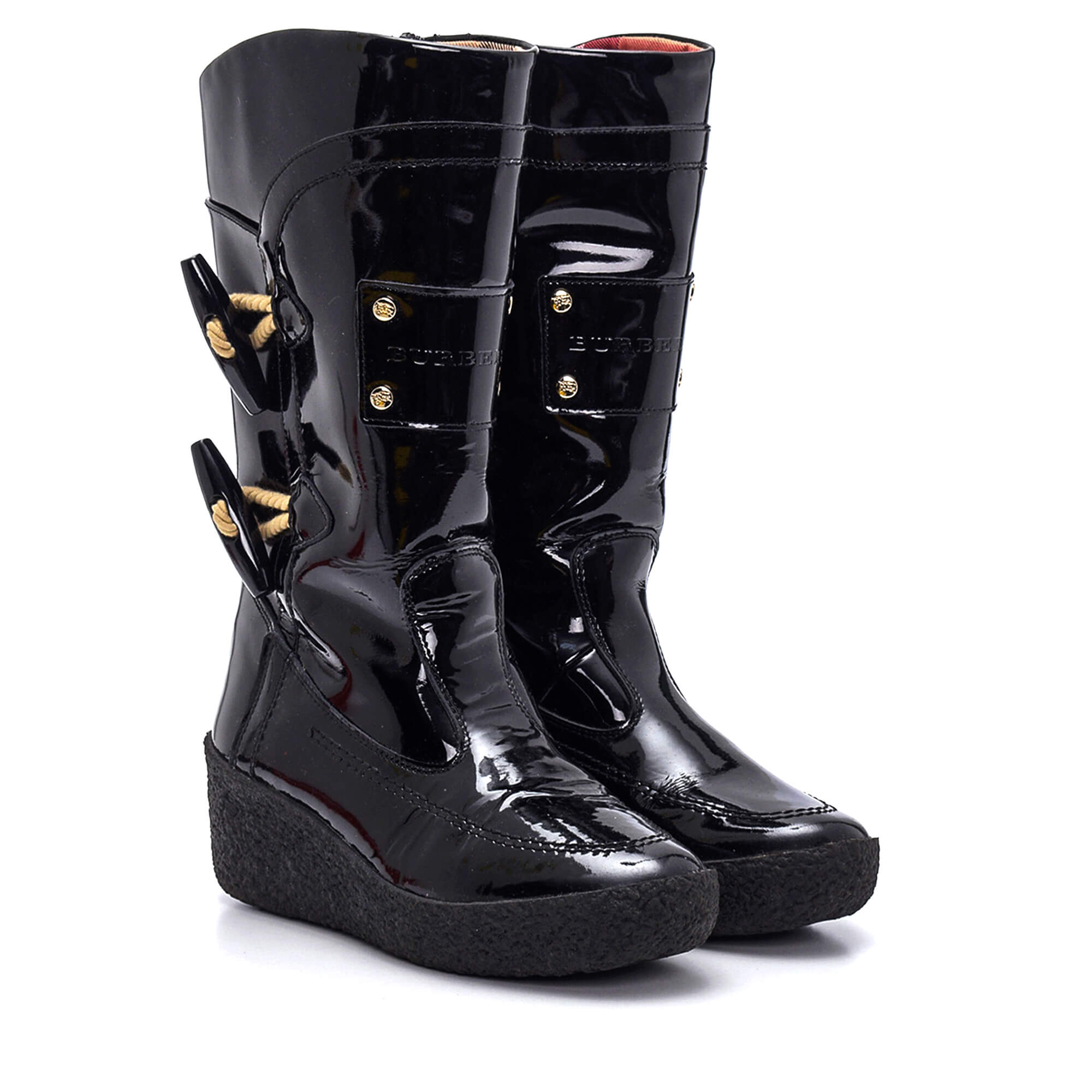 Burberry - Black Patent Leather Wedge Rain Boots